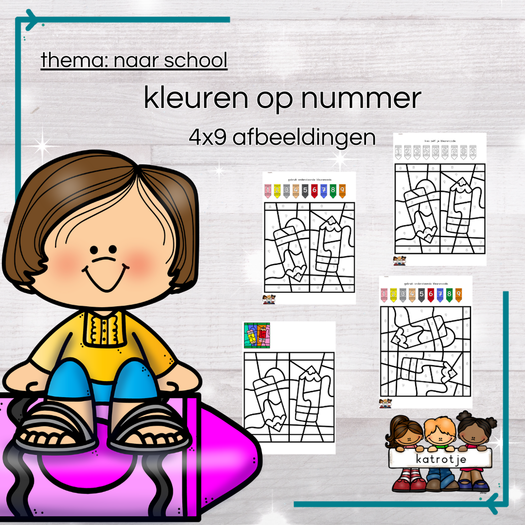 naar school: kleuren op nummer (4x9 afbeeldingen)